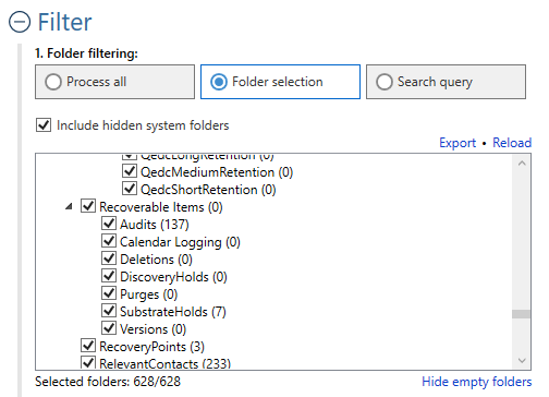 The Folder selection screen showing recoverable Items on an Exchange account.