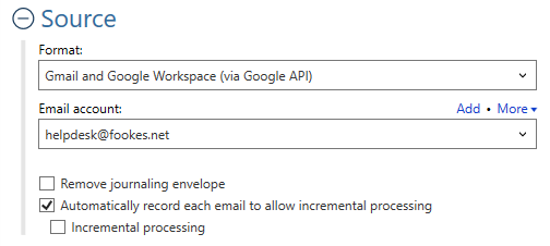 Google API selezionato come formato sorgente in Aid4Mail