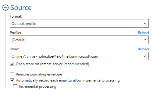 Profilo di Outlook selezionato come formato di origine in Aid4Mail